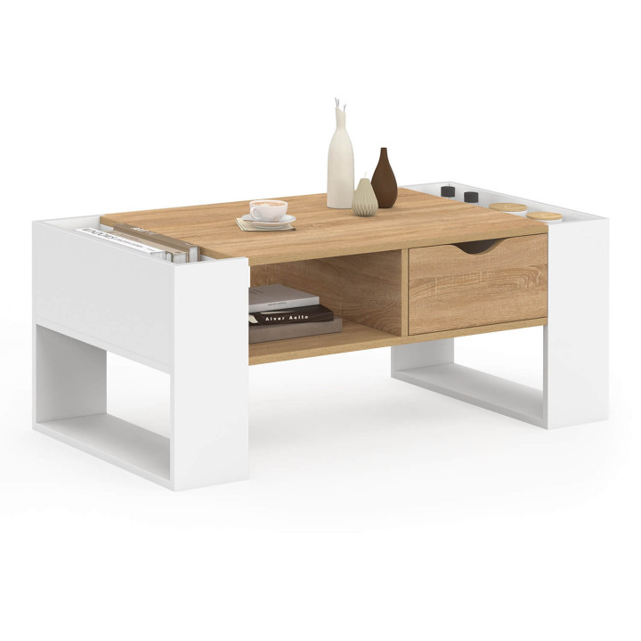 Rechteckiger Couchtisch mit Schublade aus weißem Holz und Buchenholzoptik - BERYL