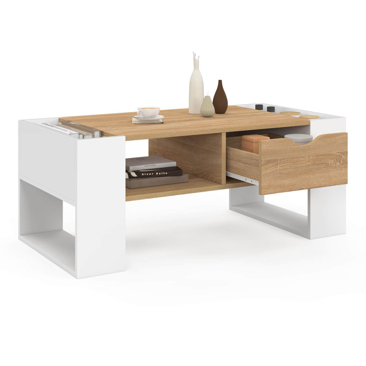 Tavolino rettangolare con cassetto in legno bianco e faggio - BERYL