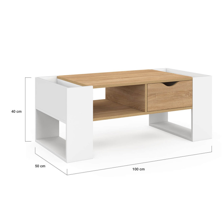Tavolino rettangolare con cassetto in legno bianco e faggio - BERYL
