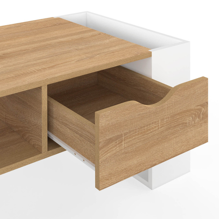 Rechteckiger Couchtisch mit Schublade aus weißem Holz und Buchenholzoptik - BERYL