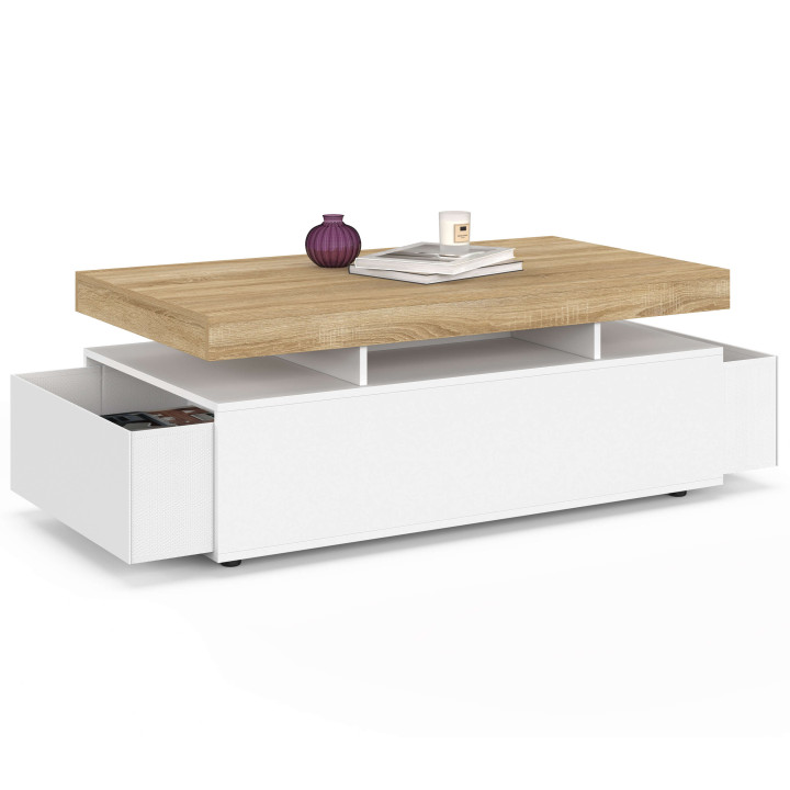 Rechthoekige salontafel met 2 witte lades en een blad in beukenhoutlook - ELSA