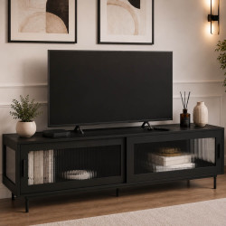 Mobile TV ZINEB 140 cm, 2 ante scorrevoli in vetro, frontale nero scanalato