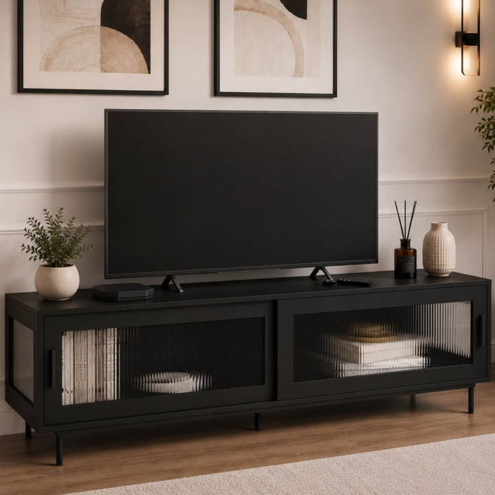 Mueble TV ZINEB 140 cm, 2 puertas correderas de cristal, frente estriado negro