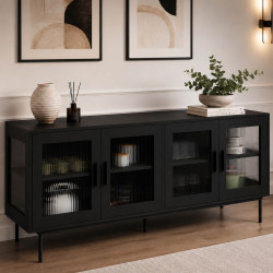 Credenza ZINEB 140 cm, 4 ante in vetro, frontale nero scanalato