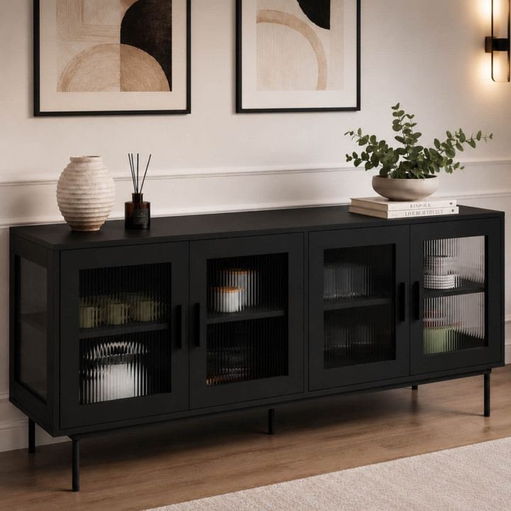 Buffet 140 cm ZINEB 4 portes vitrées façade cannelée noir