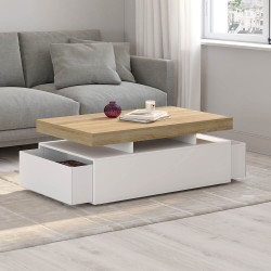 Rechthoekige salontafel met 2 witte lades en een blad in beukenhoutlook - ELSA