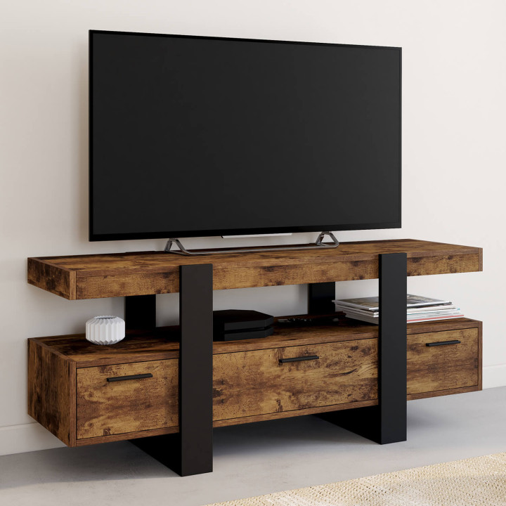 Meuble TV 116 cm PHOENIX avec tiroirs bois effet vieilli et noir