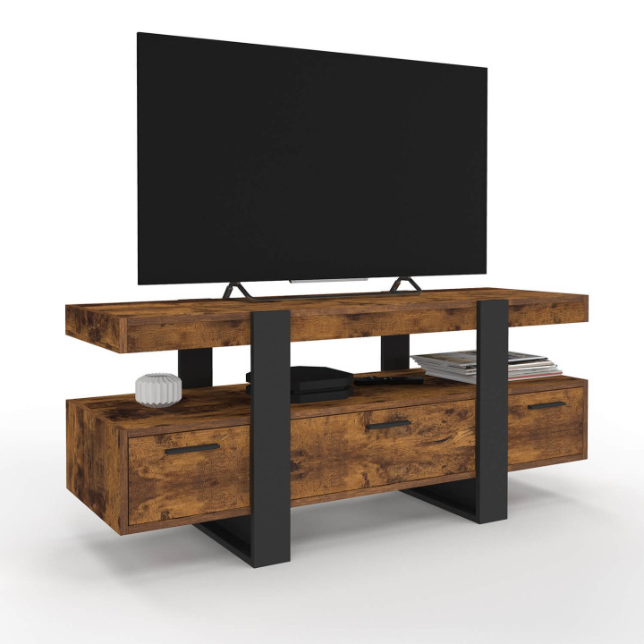 Meuble TV 116 cm PHOENIX avec tiroirs bois effet vieilli et noir