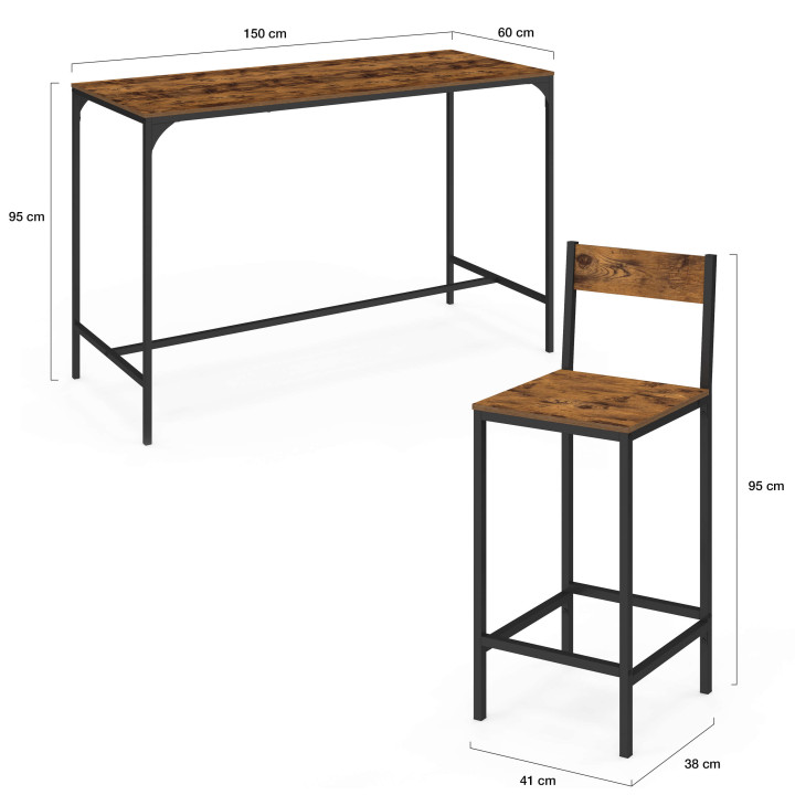 Ensemble table haute de bar DAYTON 150 cm et 6 tabourets effet vieilli design industriel
