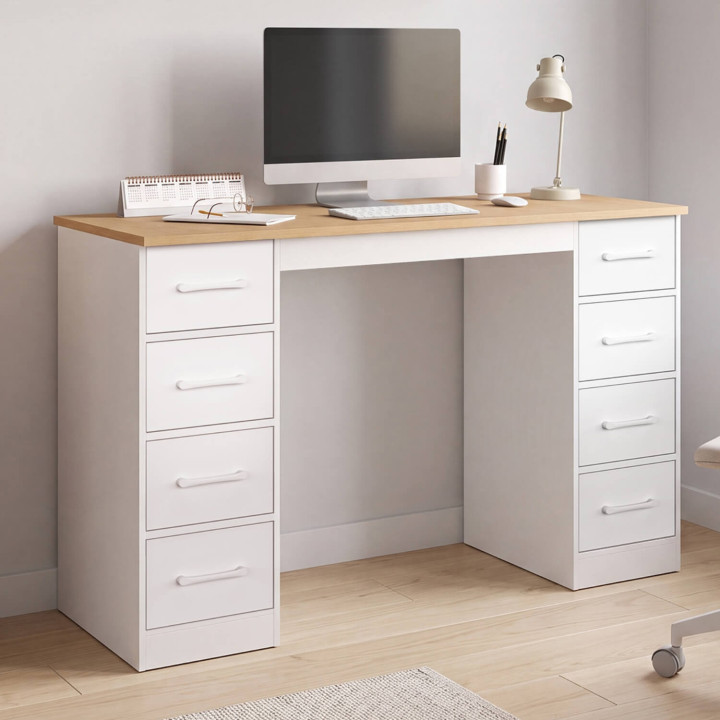 Scrivania con 8 cassetti in tessuto, 120x45 cm, UPPAH, bianca e in legno