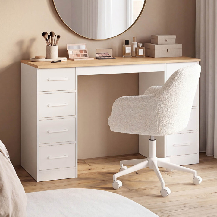 Escritorio con 8 cajones de tela, 120 x 45 cm, modelo UPPAH, en blanco y madera