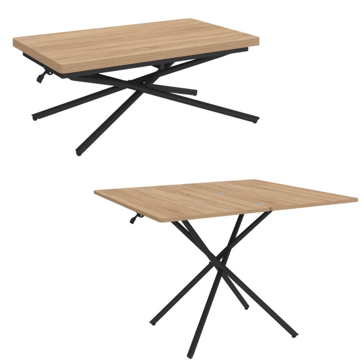 Table basse 2 en 1 relevable en table à manger rectangulaire ALIX 100 cm bois et noir