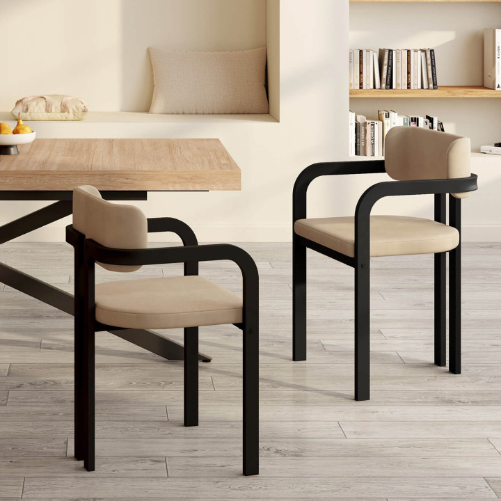 Set van 2 eetkamerstoelen van zwart metaal en taupe fluweel - ESMA