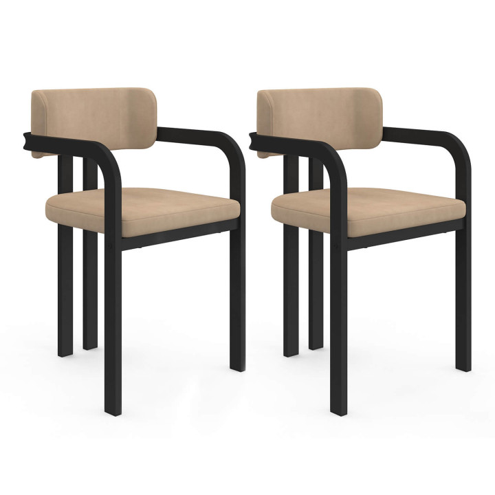 Set van 2 eetkamerstoelen van zwart metaal en taupe fluweel - ESMA