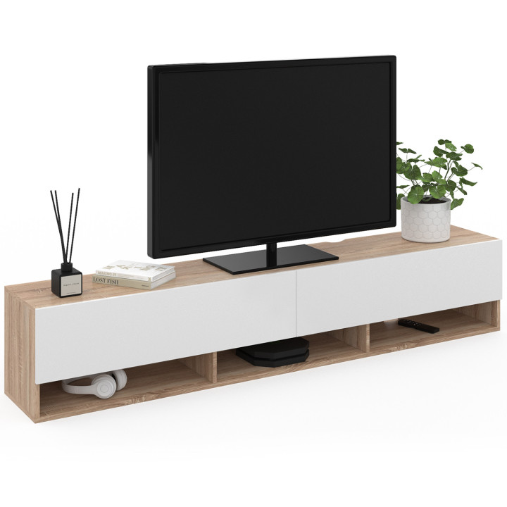 Wit en houten wand-tv-meubel met 180 cm planken - ELIO