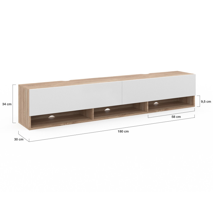 Wit en houten wand-tv-meubel met 180 cm planken - ELIO