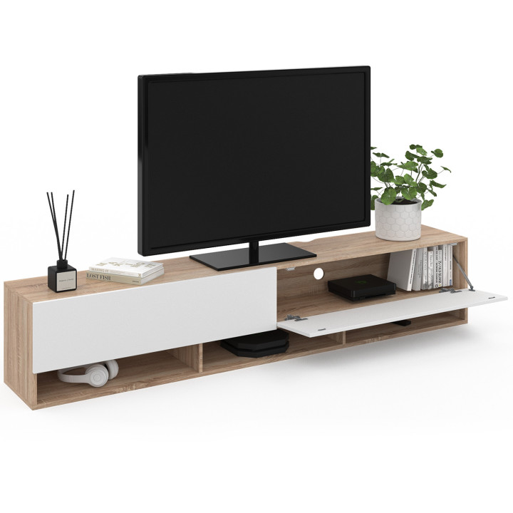 Wit en houten wand-tv-meubel met 180 cm planken - ELIO