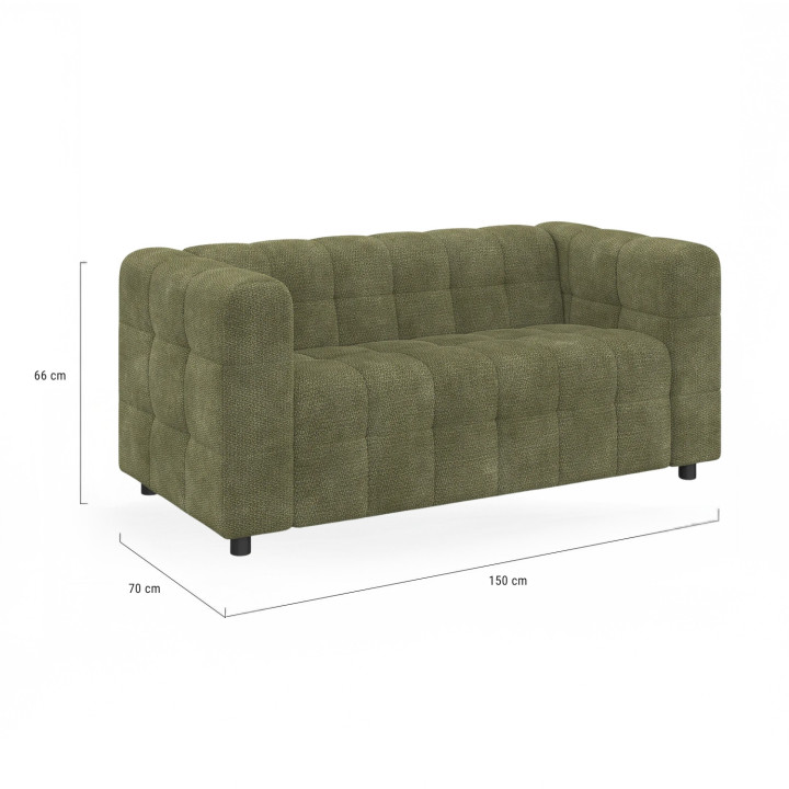 Canapé droit 2 places capitonné AMANCE en tissu chenille vert kaki
