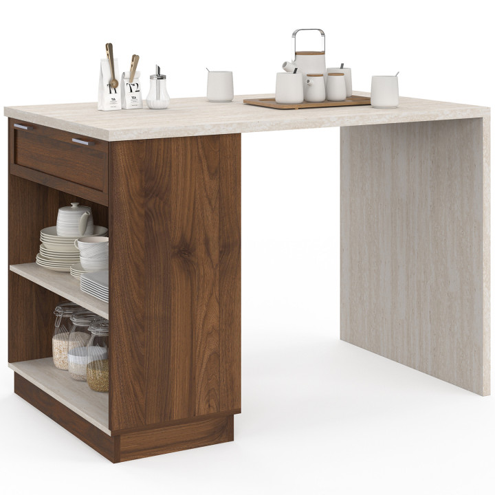Ilot central mange-debout 4 personnes 130 cm bois et plateau effet travertin - VITO