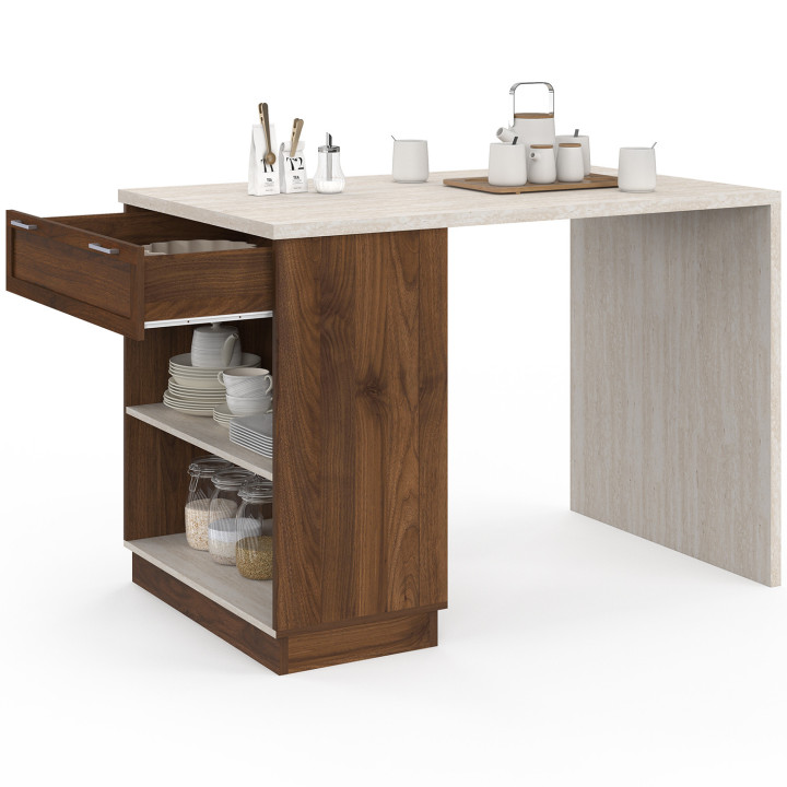 Mesa isla central 4 personas 130 cm tapa efecto madera y travertino - VITO