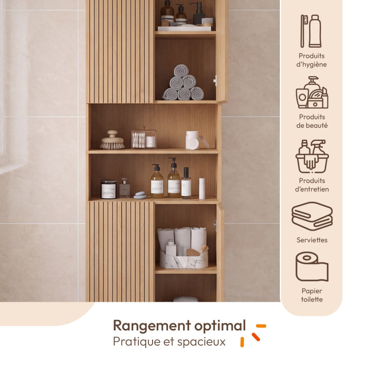 Meuble armoire colonne salle de bain VICTOR 4 portes 2 niches effet lattes