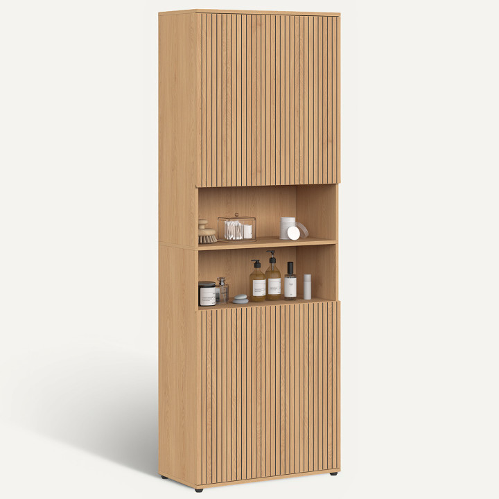 Meuble armoire colonne salle de bain VICTOR 4 portes 2 niches effet lattes