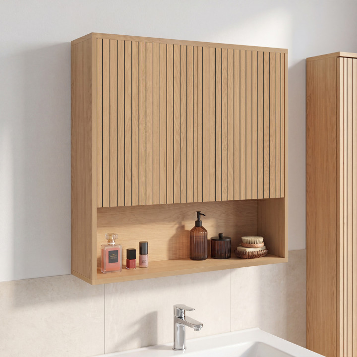 Meuble de rangement suspendu pour salle de bain VICTOR 2 portes et étagère effet lattes