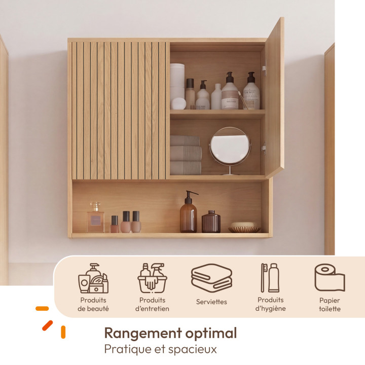 Meuble de rangement suspendu pour salle de bain VICTOR 2 portes et étagère effet lattes