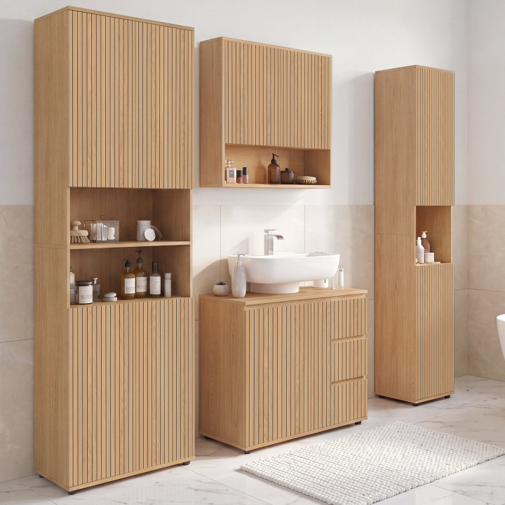 VICTOR Mobile da bagno sospeso a 2 ante con ripiano effetto doghe