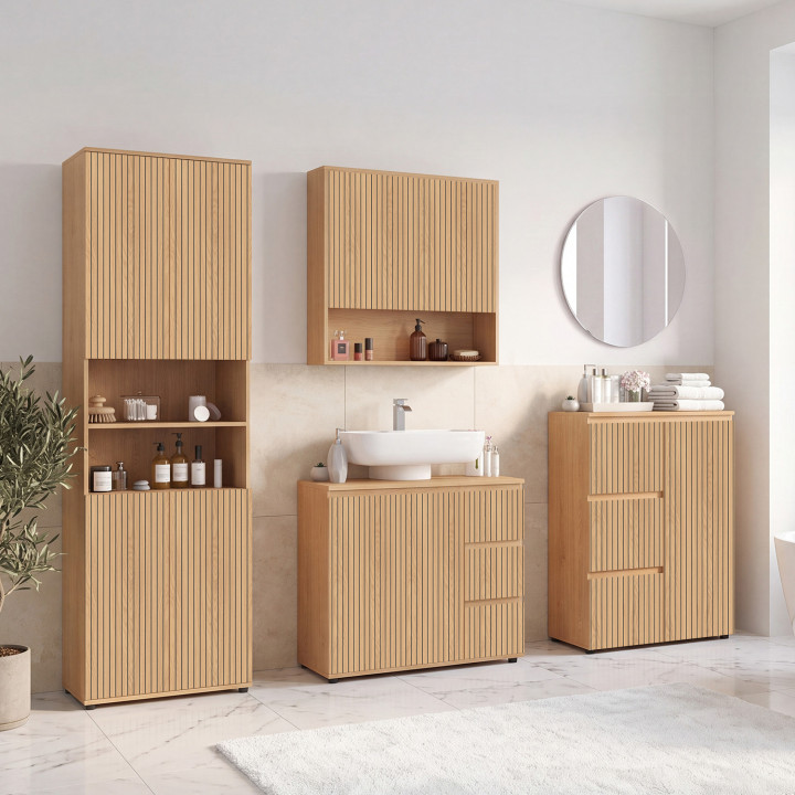 Meuble de rangement salle de bain VICTOR 3 tiroirs avec placard effet lattes