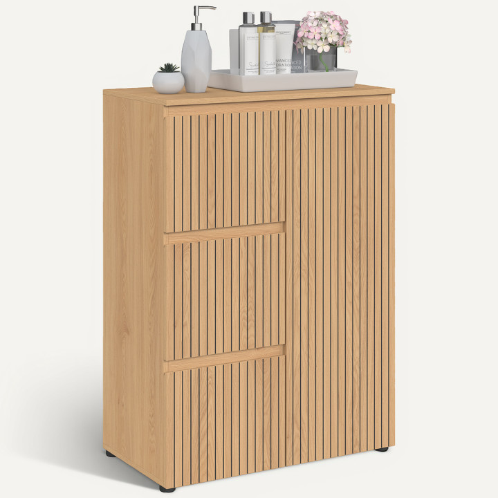 Meuble de rangement salle de bain VICTOR 3 tiroirs avec placard effet lattes