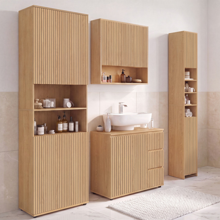 Meuble colonne salle de bain VICTOR 2 portes 4 niches effet lattes