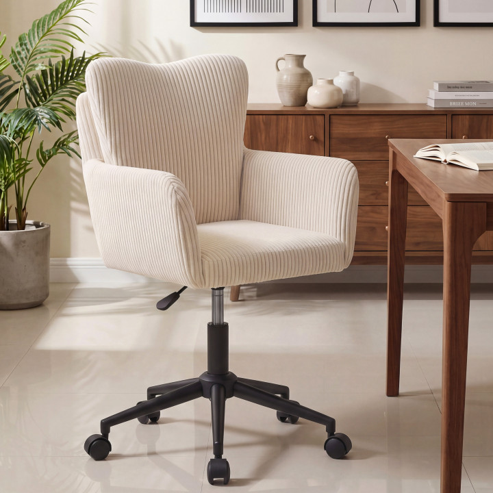 Chaise de bureau ZACK en velours côtelé beige avec coussin pivotante et hauteur réglable à roulettes