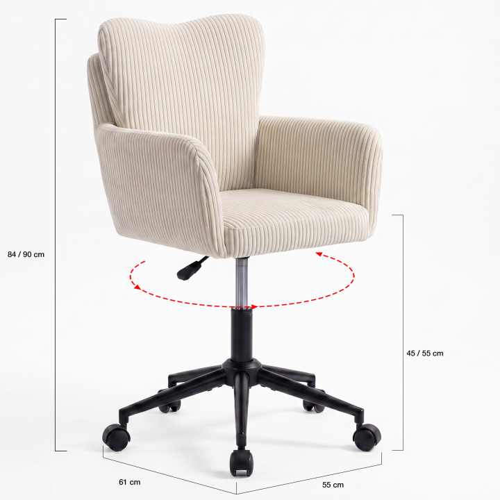 Chaise de bureau ZACK en velours côtelé beige avec coussin pivotante et hauteur réglable à roulettes
