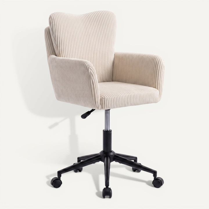 Chaise de bureau ZACK en velours côtelé beige avec coussin pivotante et hauteur réglable à roulettes