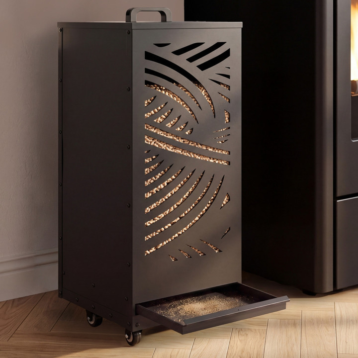 Contenitore per pellet 55 kg nero 35 x 35 x 87 cm con cassetto e motivo
