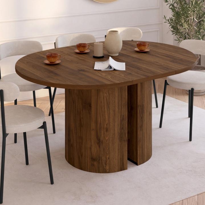 Table à manger extensible ronde MICHELLE 4-8 personnes 2 pieds réversibles noyer 110-150 cm