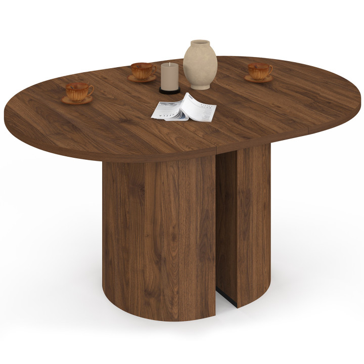Mesa de comedor redonda extensible MICHELLE, para 4-8 personas, con 2 patas reversibles de nogal, 110-150 cm