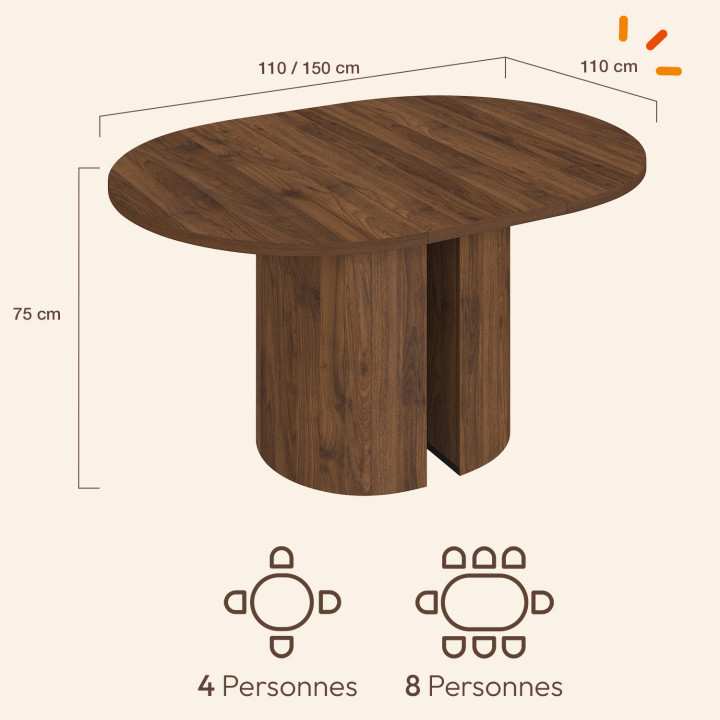 Tavolo da pranzo rotondo allungabile MICHELLE, 4-8 persone, 2 gambe reversibili in noce, 110-150 cm