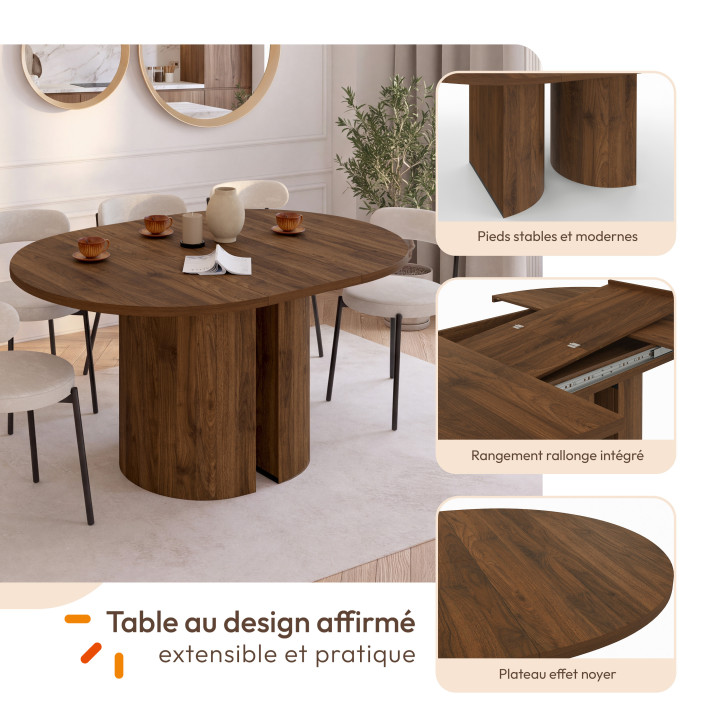 Tavolo da pranzo rotondo allungabile MICHELLE, 4-8 persone, 2 gambe reversibili in noce, 110-150 cm