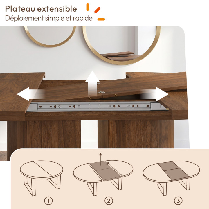 Tavolo da pranzo rotondo allungabile MICHELLE, 4-8 persone, 2 gambe reversibili in noce, 110-150 cm