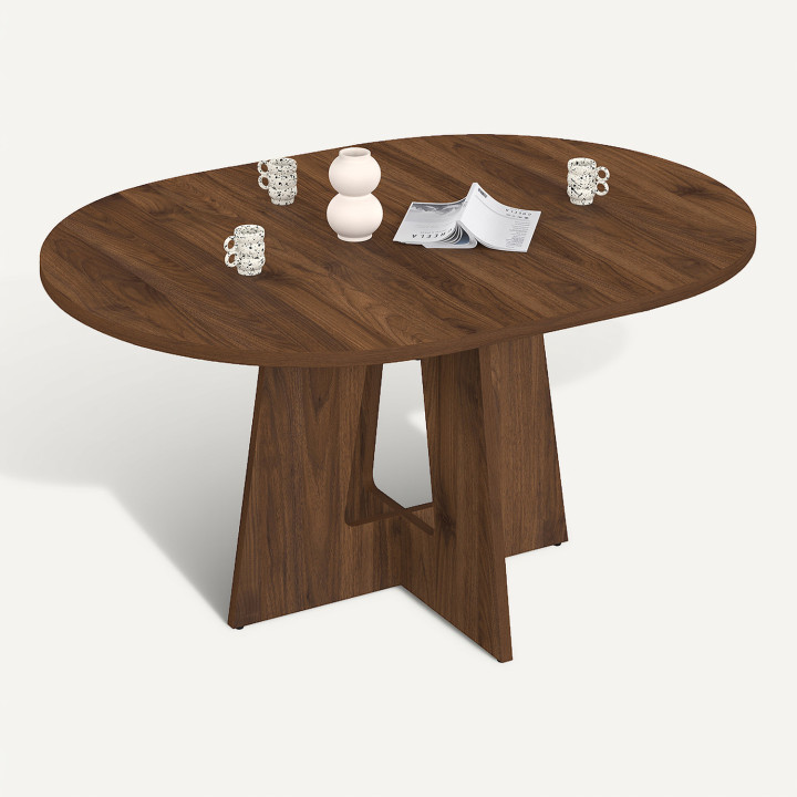 Table à manger extensible ronde HENRIETTE pied central 4-8 personnes noyer 110-150 cm