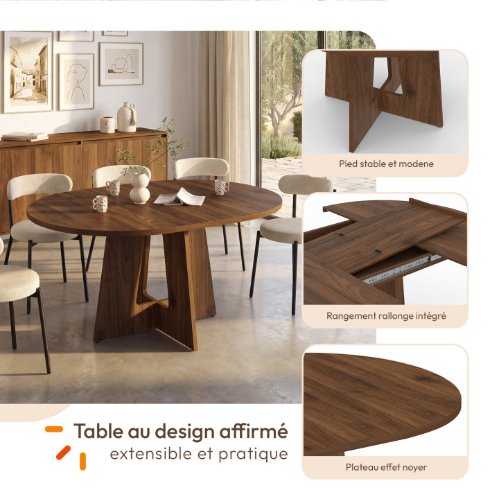 HENRIETTE mesa de comedor redonda extensible con pata central para 4-8 personas nogal 110-150 cm