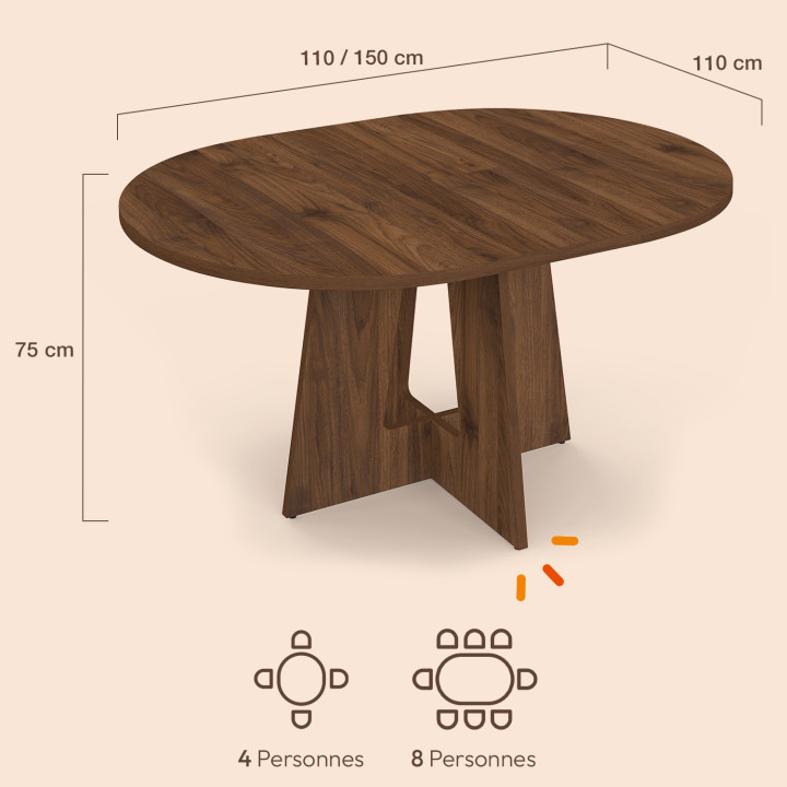 Table à manger extensible ronde HENRIETTE pied central 4-8 personnes noyer 110-150 cm