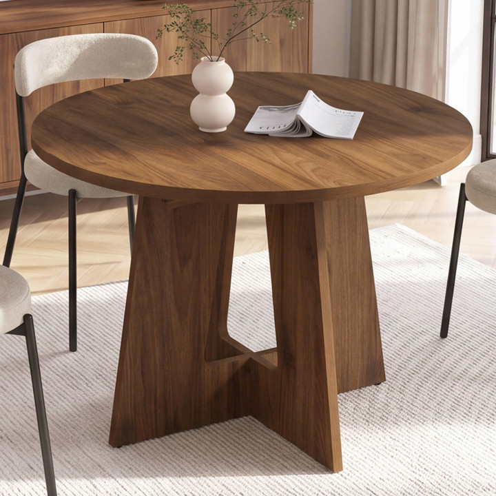 Table à manger extensible ronde HENRIETTE pied central 4-8 personnes noyer 110-150 cm