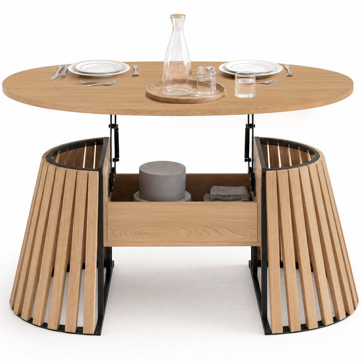 Mesa de centro con tablero elevable ovalado CARMEN de 110 cm, con patas de madera de listones y tablero de madera