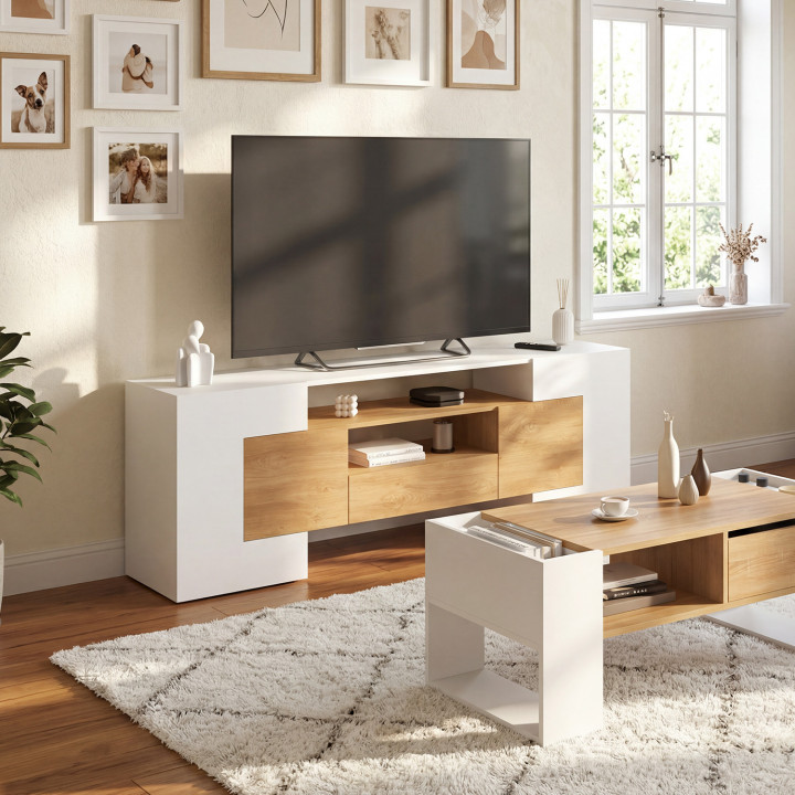 Porta TV XXL 180 cm MARIO con 4 ante e 1 cassetto in legno e bianco
