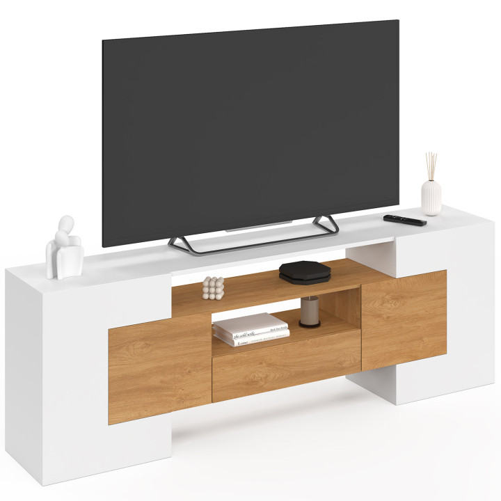 Meuble TV XXL 180 cm MARIO 4 portes et 1 tiroir bois et blanc