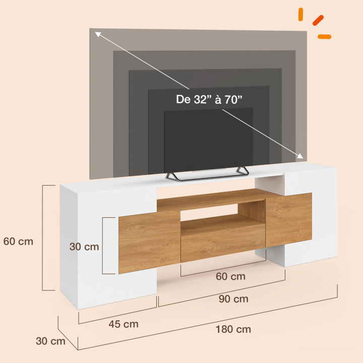 XXL TV-Möbel 180 cm MARIO 4 Türen und 1 Schublade aus Holz und Weiß
