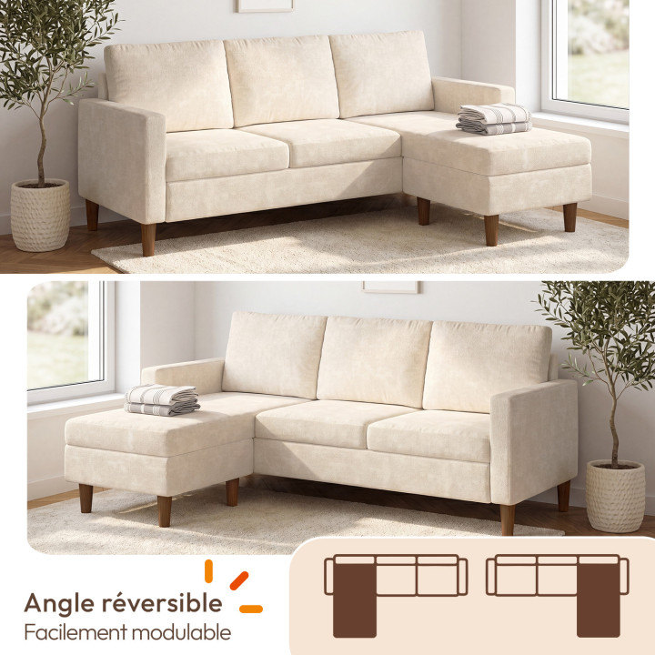 Divano ad angolo reversibile a 3 posti MARIUS da 200 cm in tessuto chenille beige